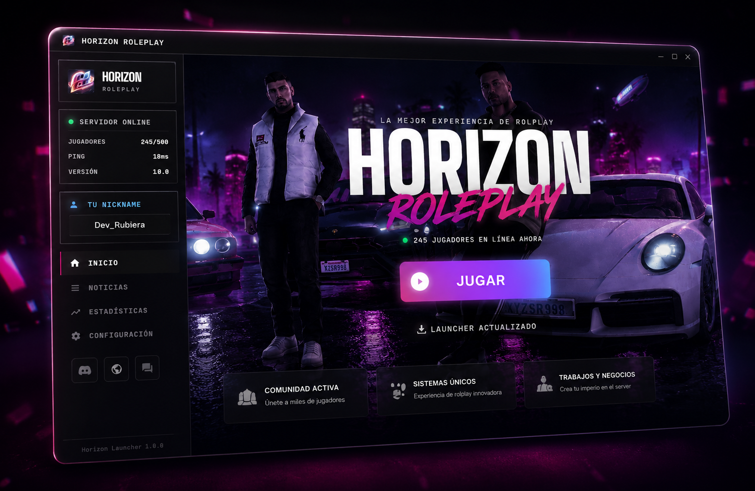 Interfaz del launcher de Horizon Roleplay